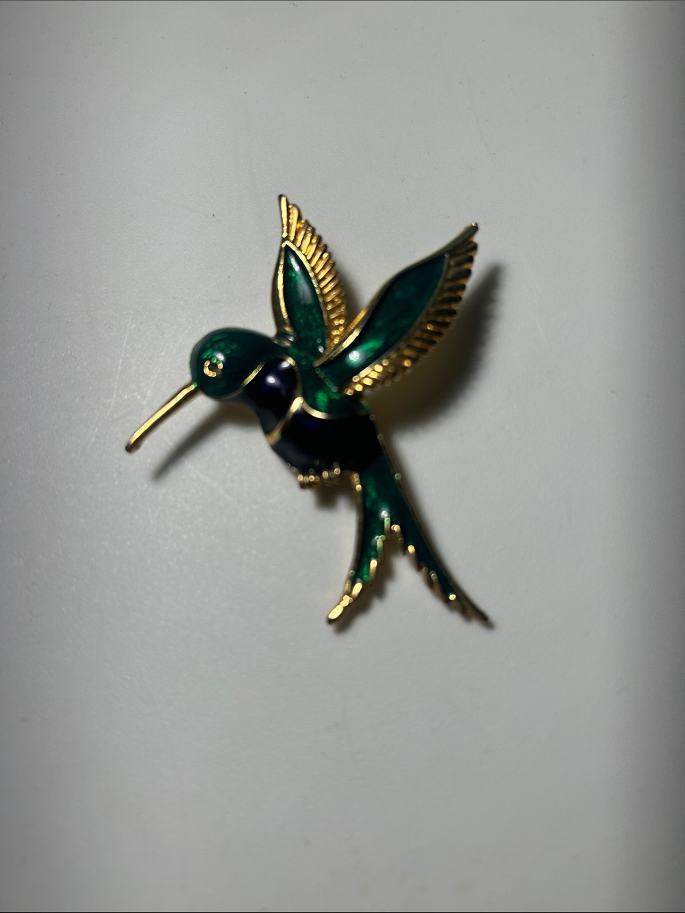 Vintage Green and Black Hummingbird Enamel Brooch